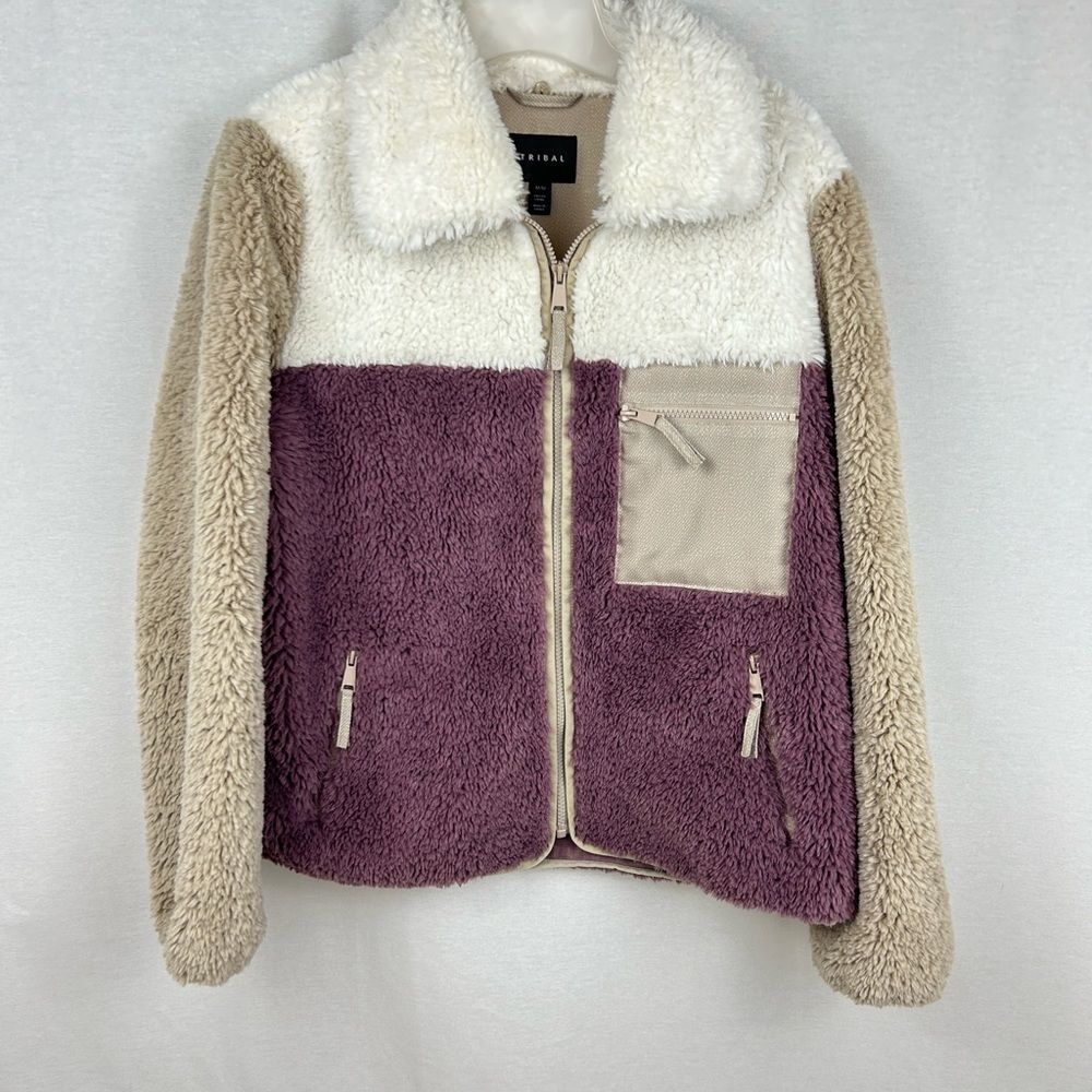 Tribal women’s color block Sherpa jacket/ zip up sweatshirt with collar medium